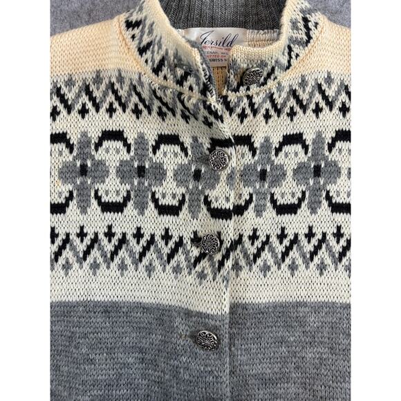 Vintage 60s Jersild Cardigan Sweater Womens Medium Gray Wool Knit Retro Aztec - Picture 3 of 10
